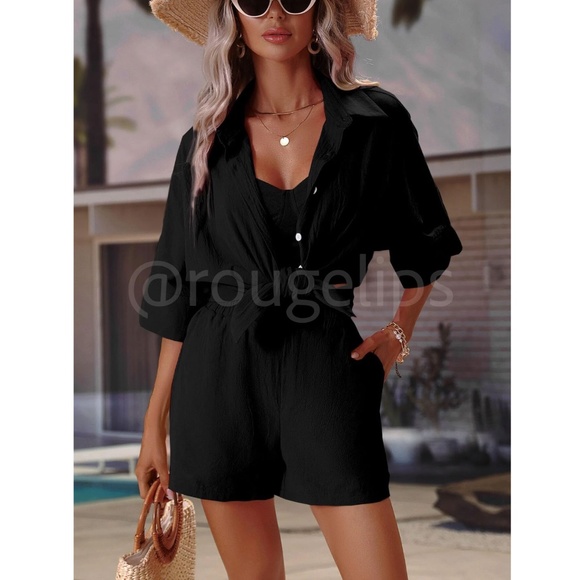 Shorts Set: Cami Crop Top, Button Up Shirt & Shorts in Black - Picture 3 of 7